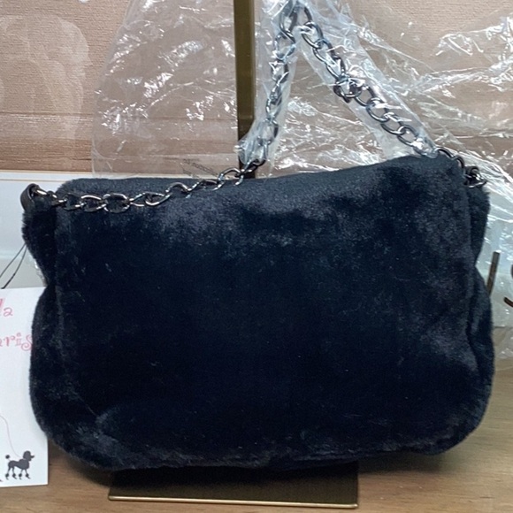 Black Velvet Shoulder Bag with Silver Chain - Picture 3 of 10